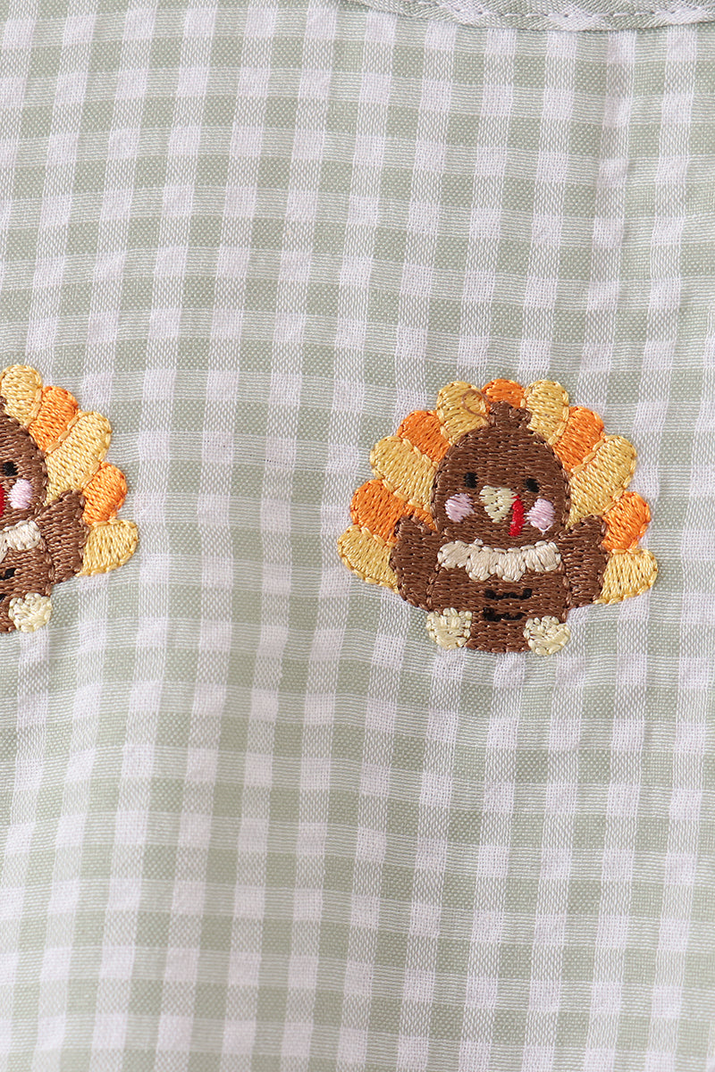 Boys Sage Turkey Embroidery Gingham Bubble