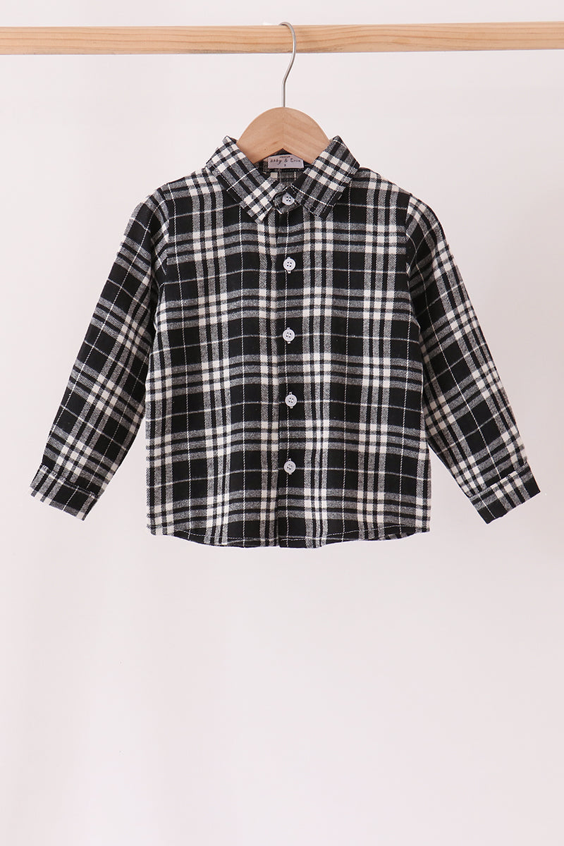 Boys Black & White Plaid Button Down Flannel Shirt