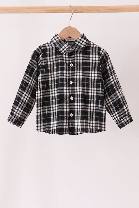 Boys Black & White Plaid Button Down Flannel Shirt