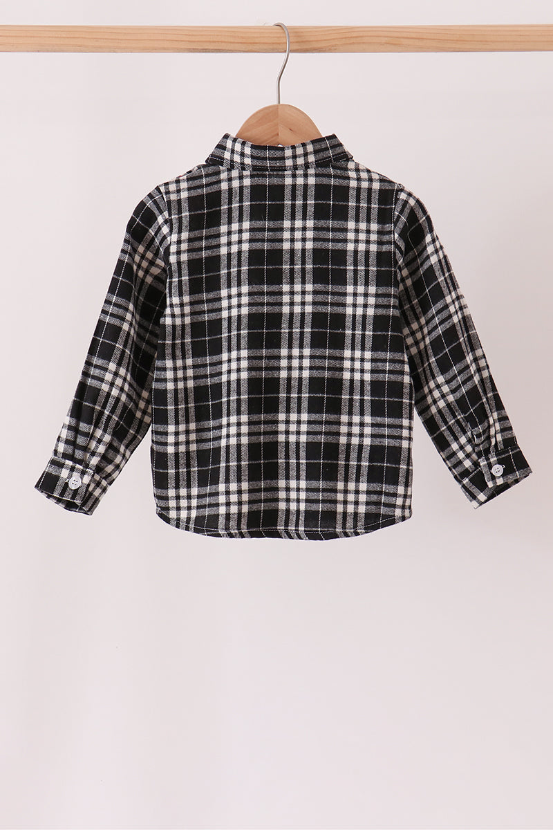 Boys Black & White Plaid Button Down Flannel Shirt