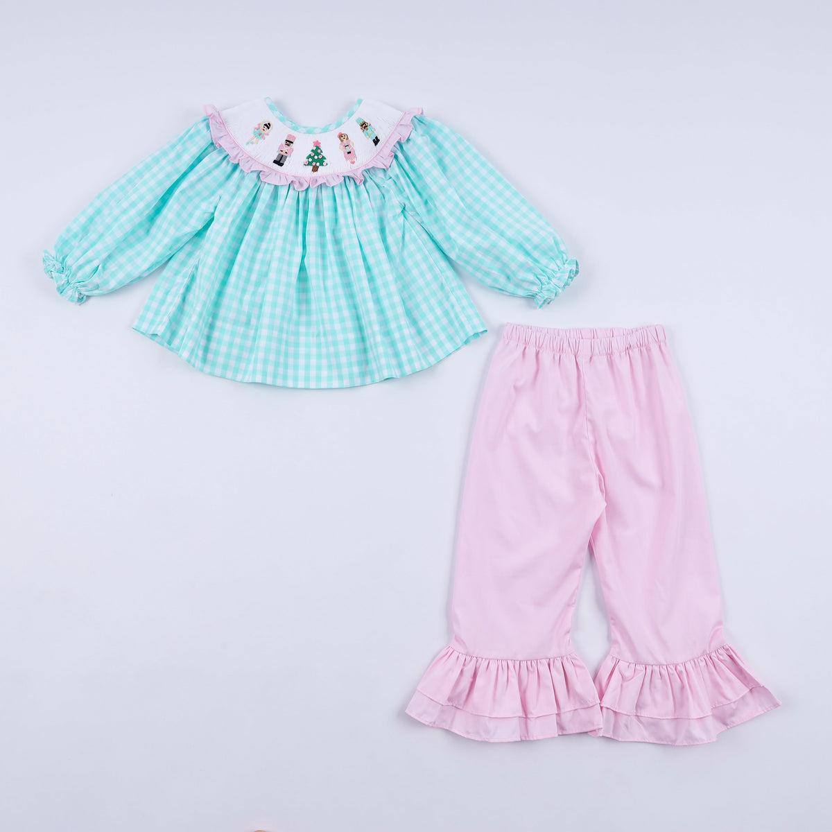 Mint Christmas Nutcracker Hand Smocked Gingham Ruffle Pants Set