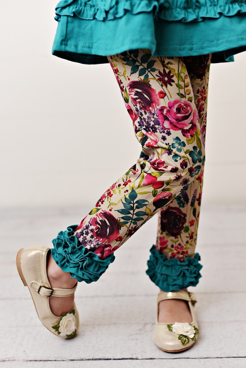 Girls Teal Plum Floral Legging Set