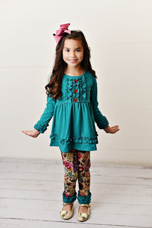 Girls Teal Plum Floral Legging Set
