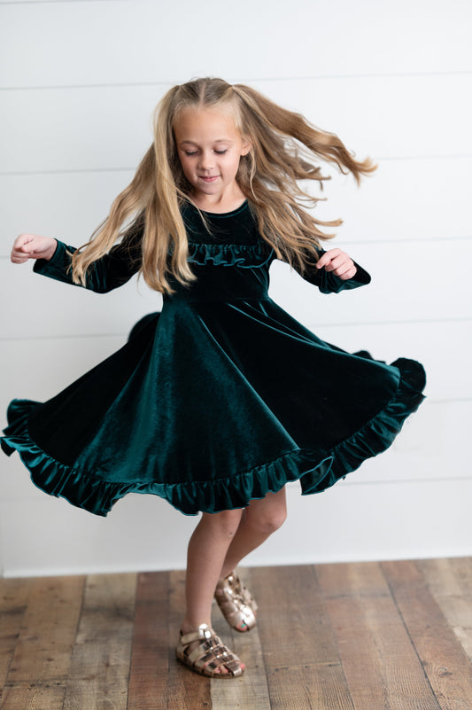 Girls Emerald Green Velvet Dress