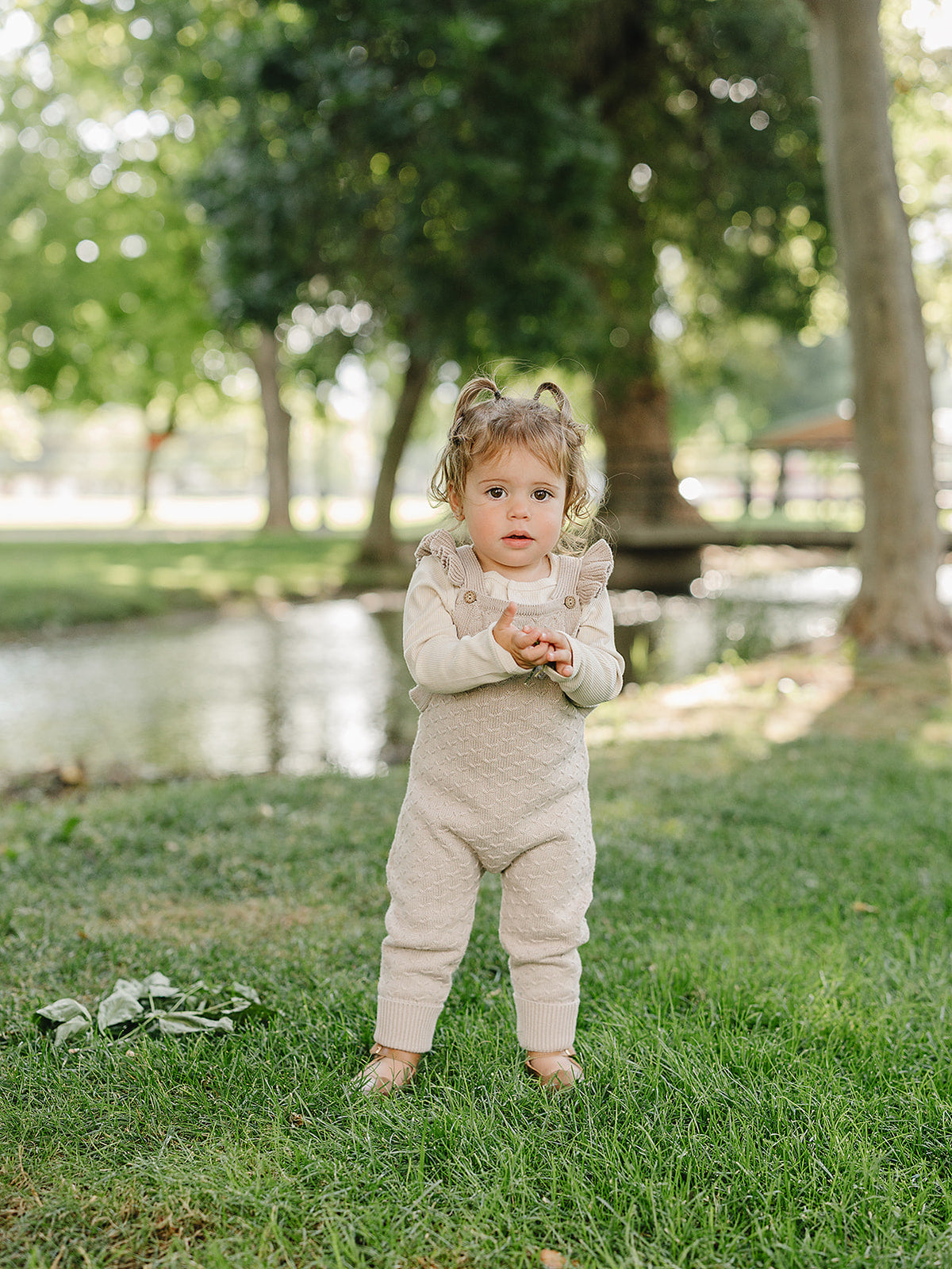 Baby Girl Taupe Ruffle Knit Overalls