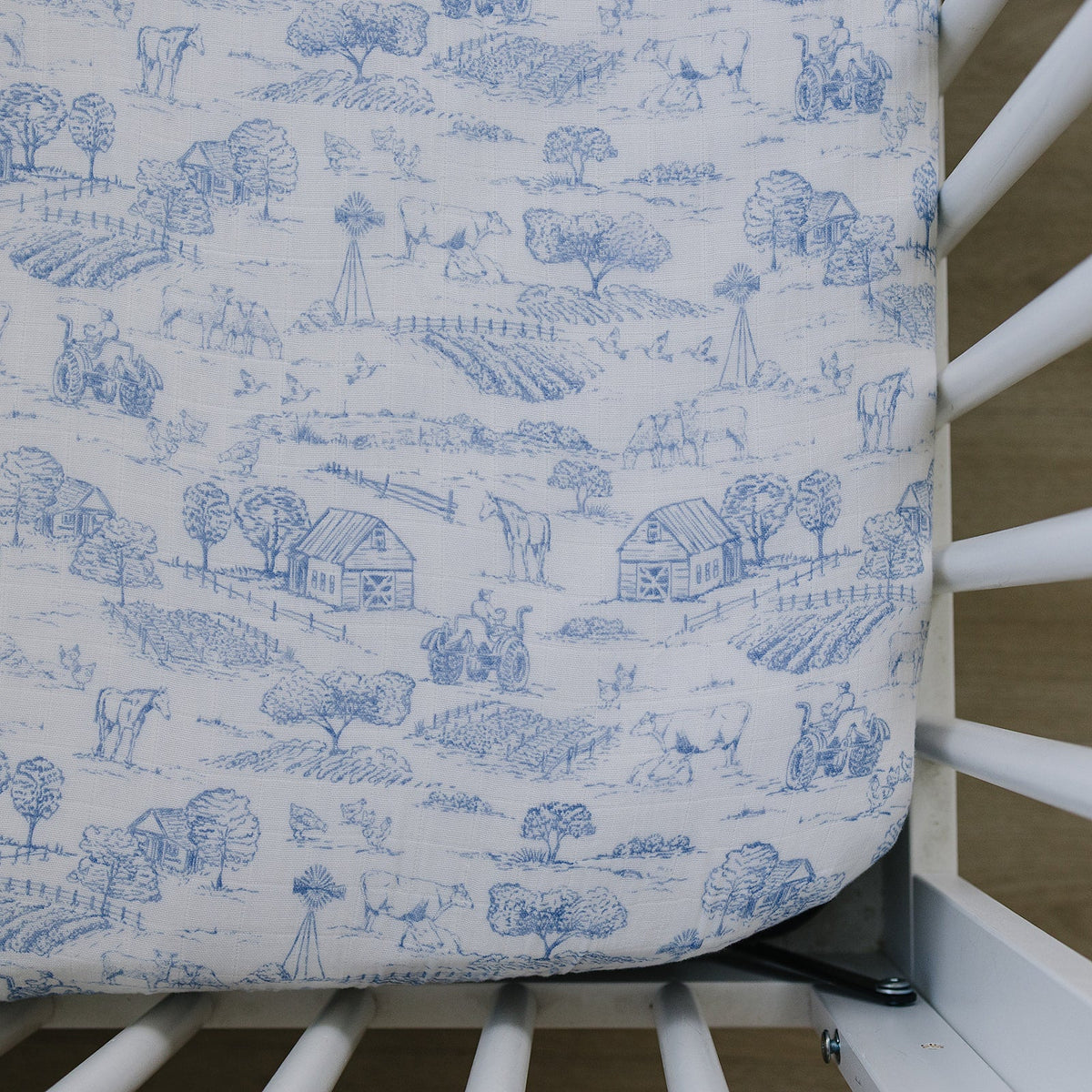 Farm Toile Muslin Crib Sheet