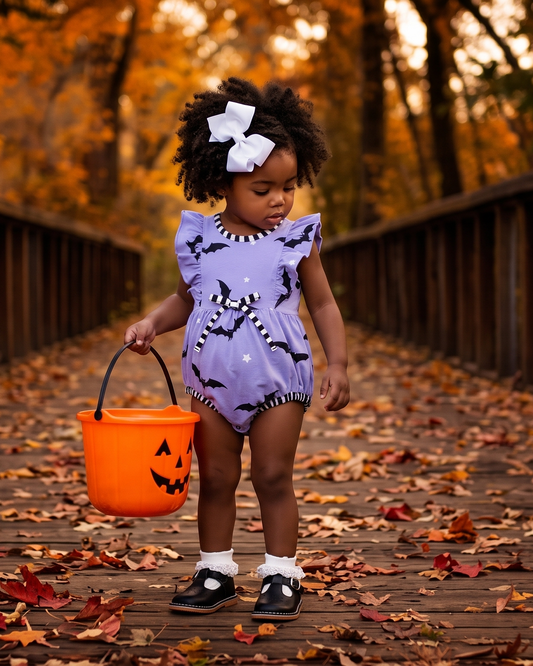 Batty Purple Knit Bat Print Bubble with Black and White Stripe Trim