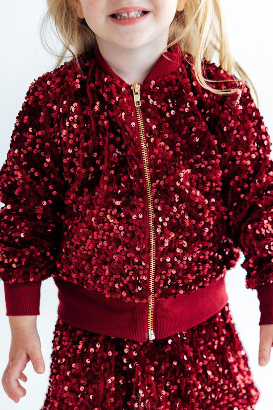 Girls Cranberry Velvet Sequin Jacket