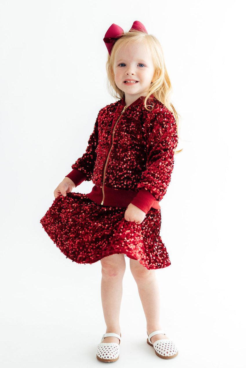 Girls Cranberry Velvet Sequin Jacket