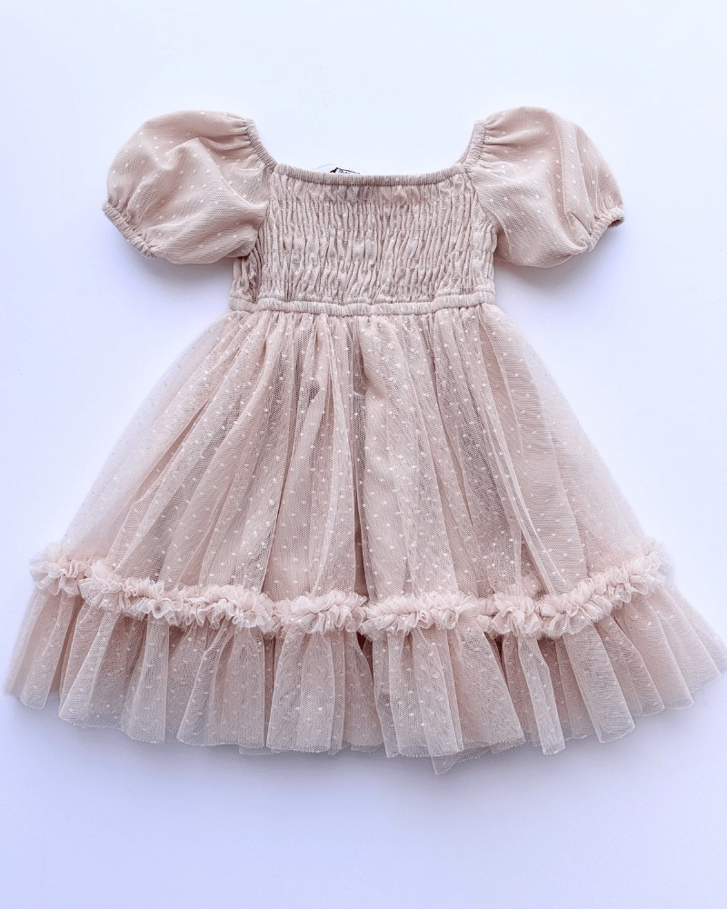 Baby & Girls Smocked Dots Tulle Dress - Champagne
