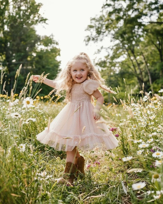 Baby & Girls Smocked Dots Tulle Dress - Champagne